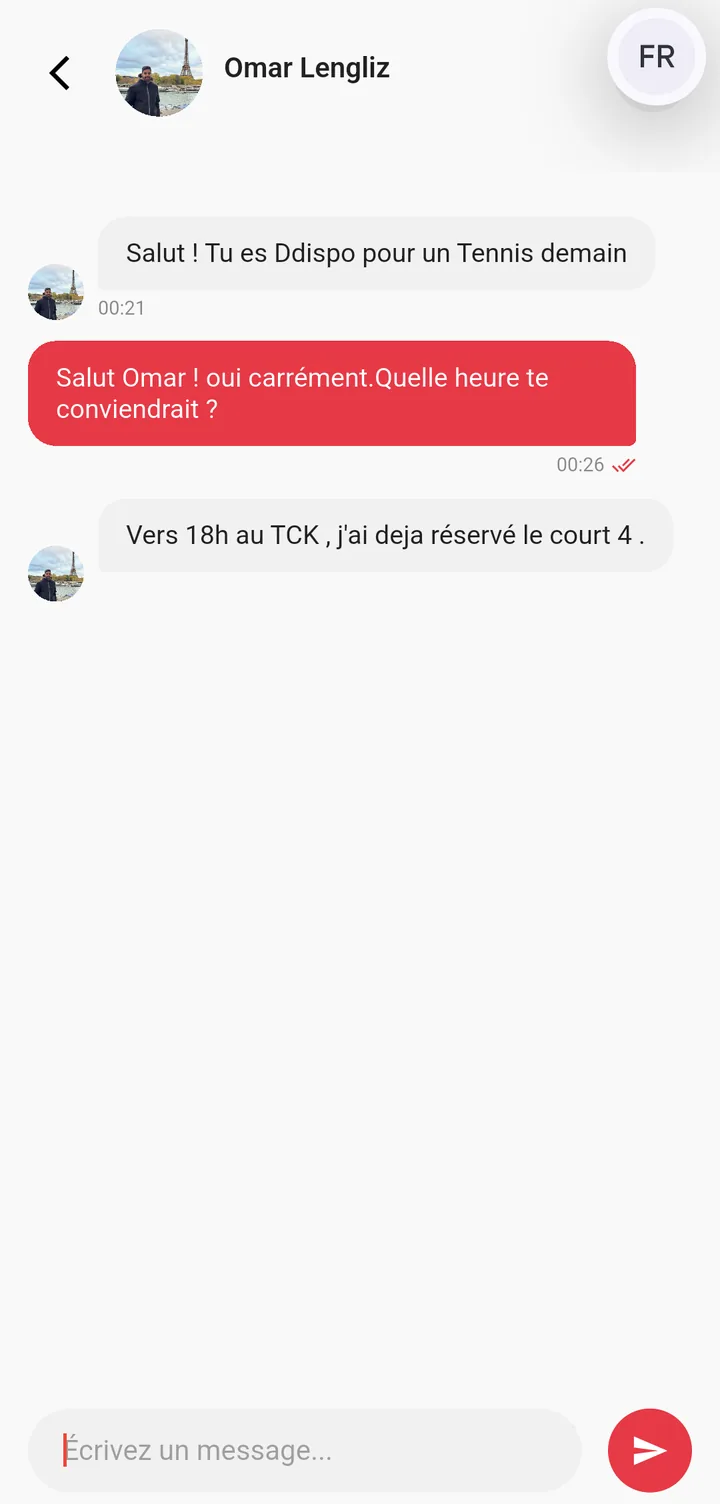 Sportopia chat screen arranging a tennis session